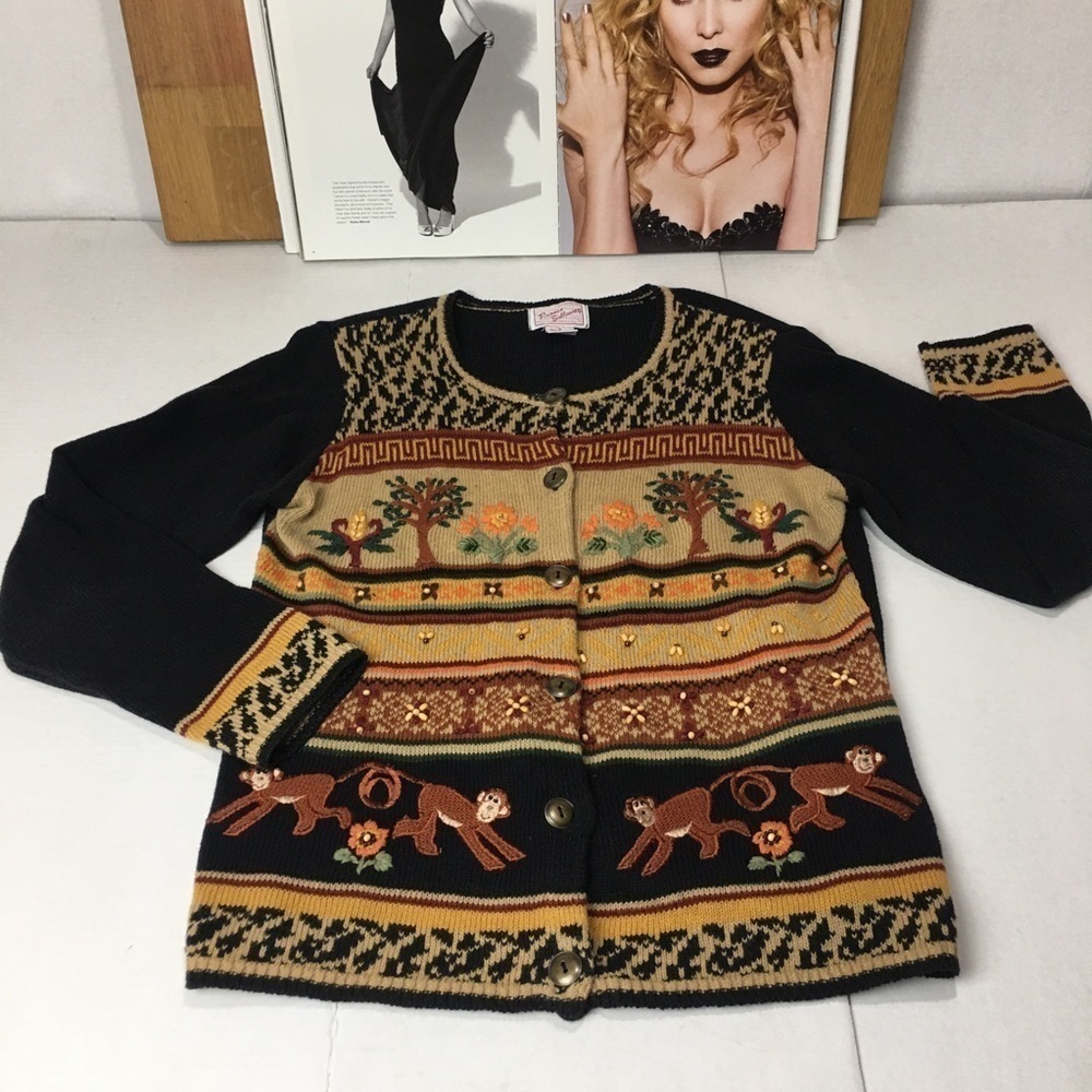 Vintage 1990s Ronnie Salloway Embroidered CardiganRamie Blend Folk Art Whimsical